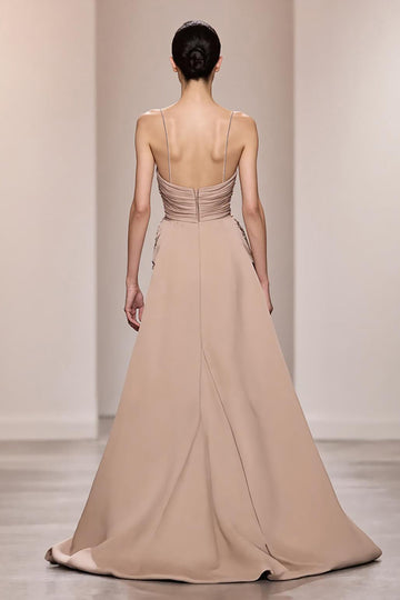 Robe de soirée longue à bretelles spaghetti en satin champagne